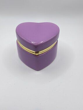 Trinket Box - Heart Shaped Hinged Kiss Clasp Ceramic Box 3” Purple Gold Trimmed